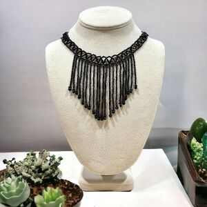 Vintage OTOMI Handcrafted Boho Bib Beaded Choker Necklace Black Seed Beads